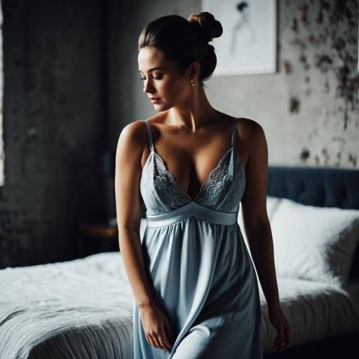 Woman in Lacy Blue Nightgown in Urban Loft