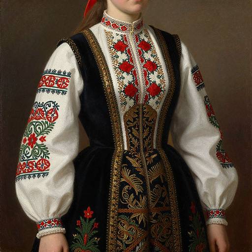 Photograph of a woman in traditional Eastern European folk dress with white puffed sleeves, intricate red and green embroidery, black velvet bodice, and gold