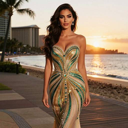 Glamorous Mermaid Gown at Waikiki Sunset