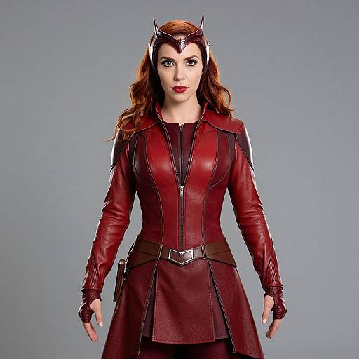 Photograph of a red-haired woman in a red leather costume with armor, headpiece, and belt, standing against a gray background.