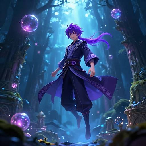 Digital anime artwork of a purple-haired, blue-robed male warrior floating in a mystical forest with glowing bubbles and ethereal blue light.