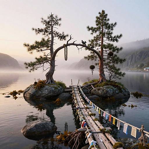 Misty Nordic Fjord with Ancient Spruce Islets