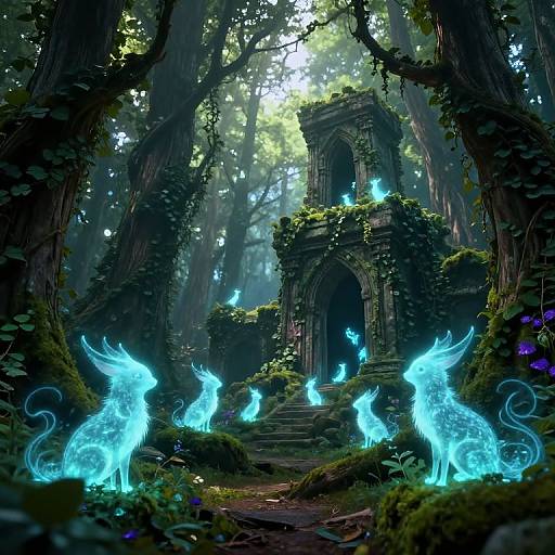 Digital fantasy artwork of glowing blue deer-like spirits surrounding a moss-covered, ancient ruin in a dense, enchanted forest.