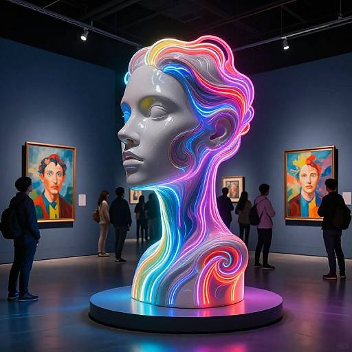 Photograph of a brightly lit, neon-colored, abstract sculpture of a human head in an art gallery, surrounded by visitors and colorful portraits.