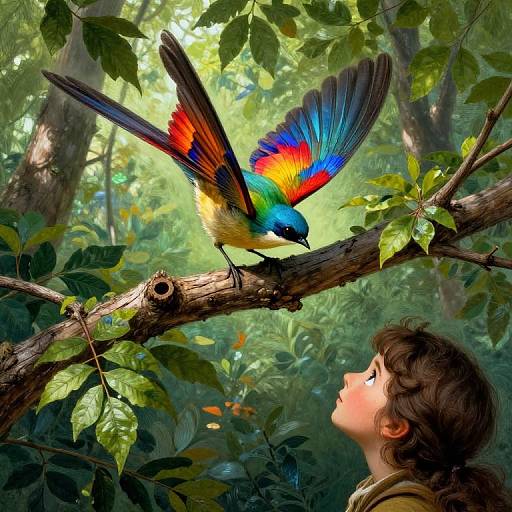 Digital painting of a colorful bird with rainbow feathers perched on a branch, facing a young girl with curly brown hair in a lush, green forest.