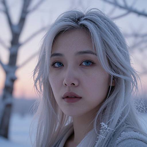 Close-up photograph of a young Asian woman with long, silver-blonde hair and blue eyes, standing in a snowy, tree-filled background at dusk