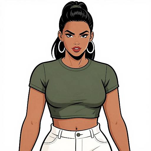 Digital illustration of a confident Latina woman with dark hair in a high ponytail, wearing a green crop top and white high-waist pants, large