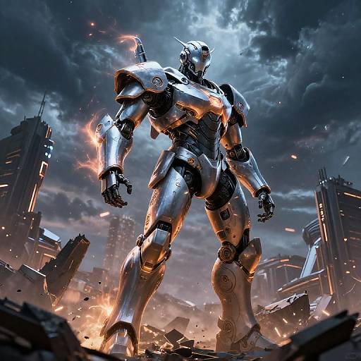 CGI image of a towering, metallic, humanoid robot with glowing orange accents standing amidst a devastated, burning cityscape under a dramatic, cloudy sky.