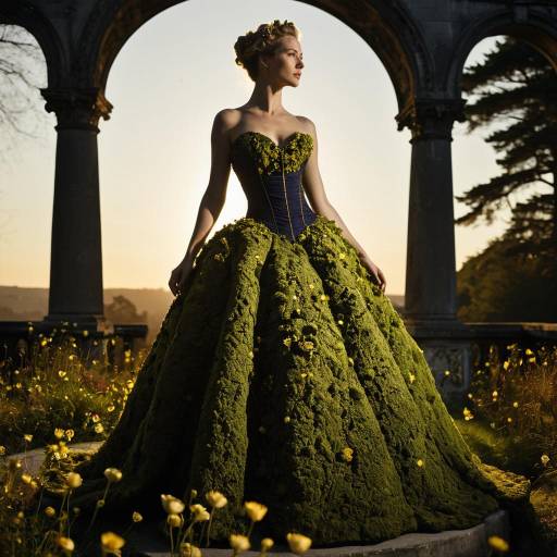 Woman in Moss and Flower Gown at Sunset