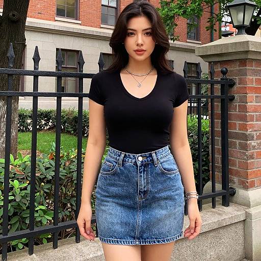 Photograph of a young Asian woman with wavy black hair, wearing a black t-shirt, blue denim skirt, and silver necklaces, standing in