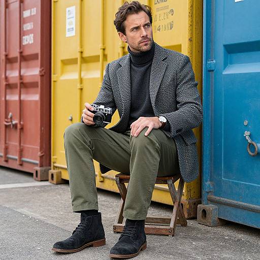 Photograph of a bearded man with wavy brown hair, wearing a checkered blazer, black turtleneck, olive pants, and black