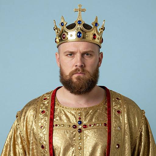Photograph of a bearded man with a serious expression, wearing a golden crown with jewels and a matching ornate robe, set against a light blue