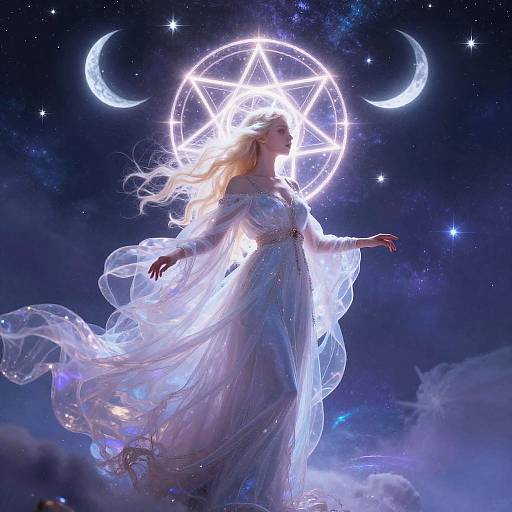 Digital artwork of a radiant blonde woman in a flowing white gown, illuminated by a glowing pentagram and crescent moons against a starry, cosmic night