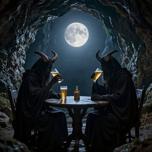 Photograph: Two demon-like figures with horns, cloaks, and masks, drink beer in a dark, moonlit cave, sitting at a wooden