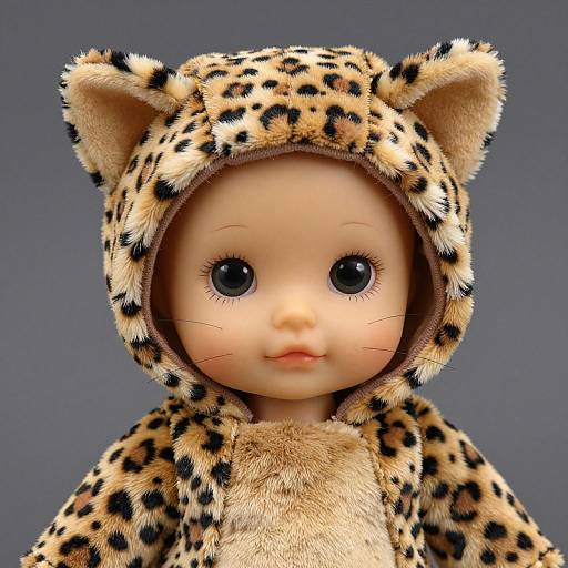 Photograph of a doll with large black eyes, wearing a leopard-print hooded onesie with cat ears, against a gray background.