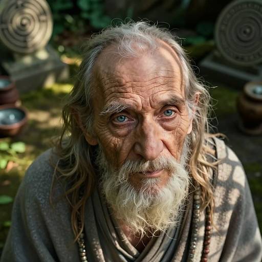 Photograph of an elderly man with long white hair, blue eyes, and a white beard, wearing a gray robe, in a sunlit forest with