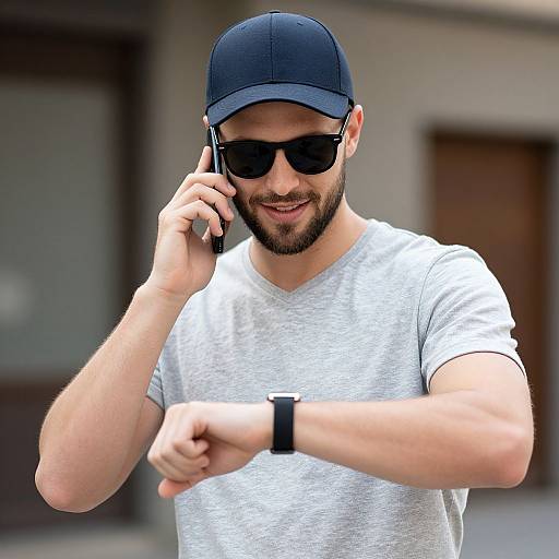 Photograph of a bearded man with a trimmed beard, wearing a black cap, dark sunglasses, gray V-neck t-shirt, and black watch,
