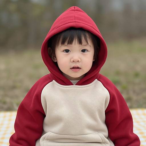 Child Wearing Red and Beige Hooded Outfit