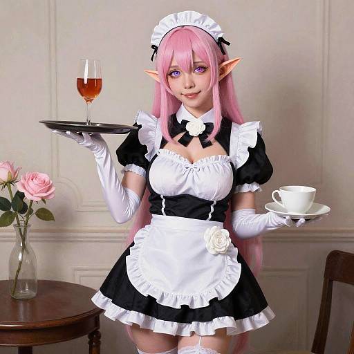 Digital anime-style drawing of a pink-haired elf maid with pointed ears, wearing a black and white maid outfit, holding a tray with wine and a te