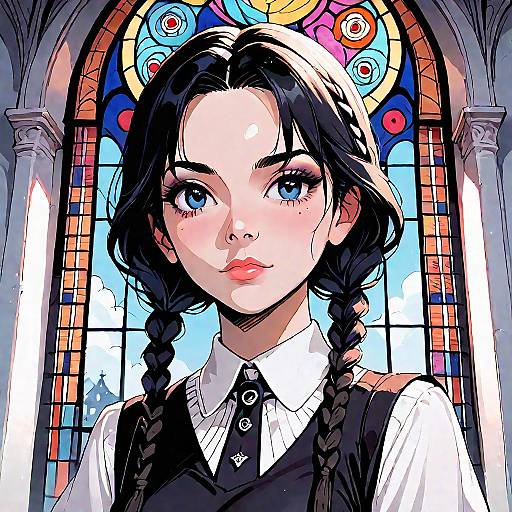 Gothic Wednesday Addams in Anime Style