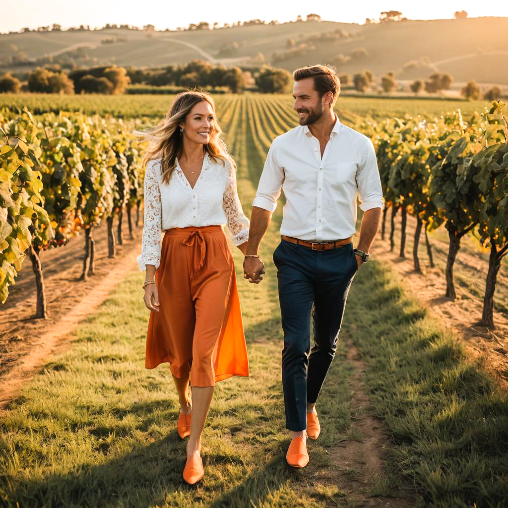 Joyful Couple Strolling Through Vineyard