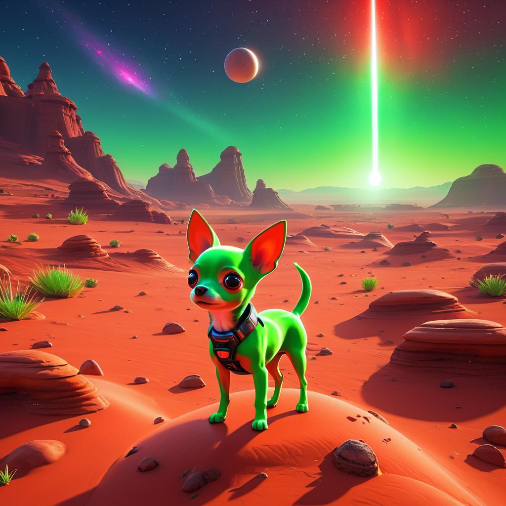 Vibrant Alien Landscape with Chihuahua