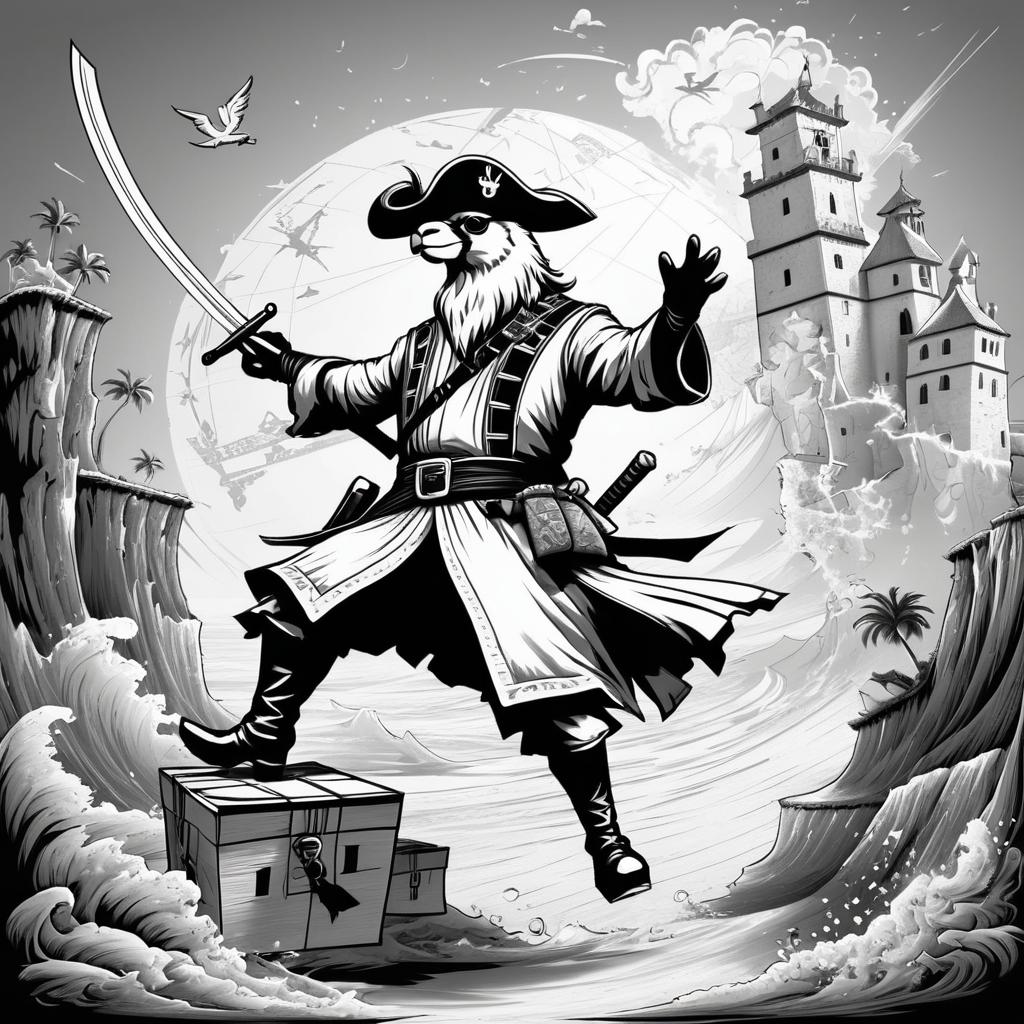 Dynamic Pirate Llama in Black and White