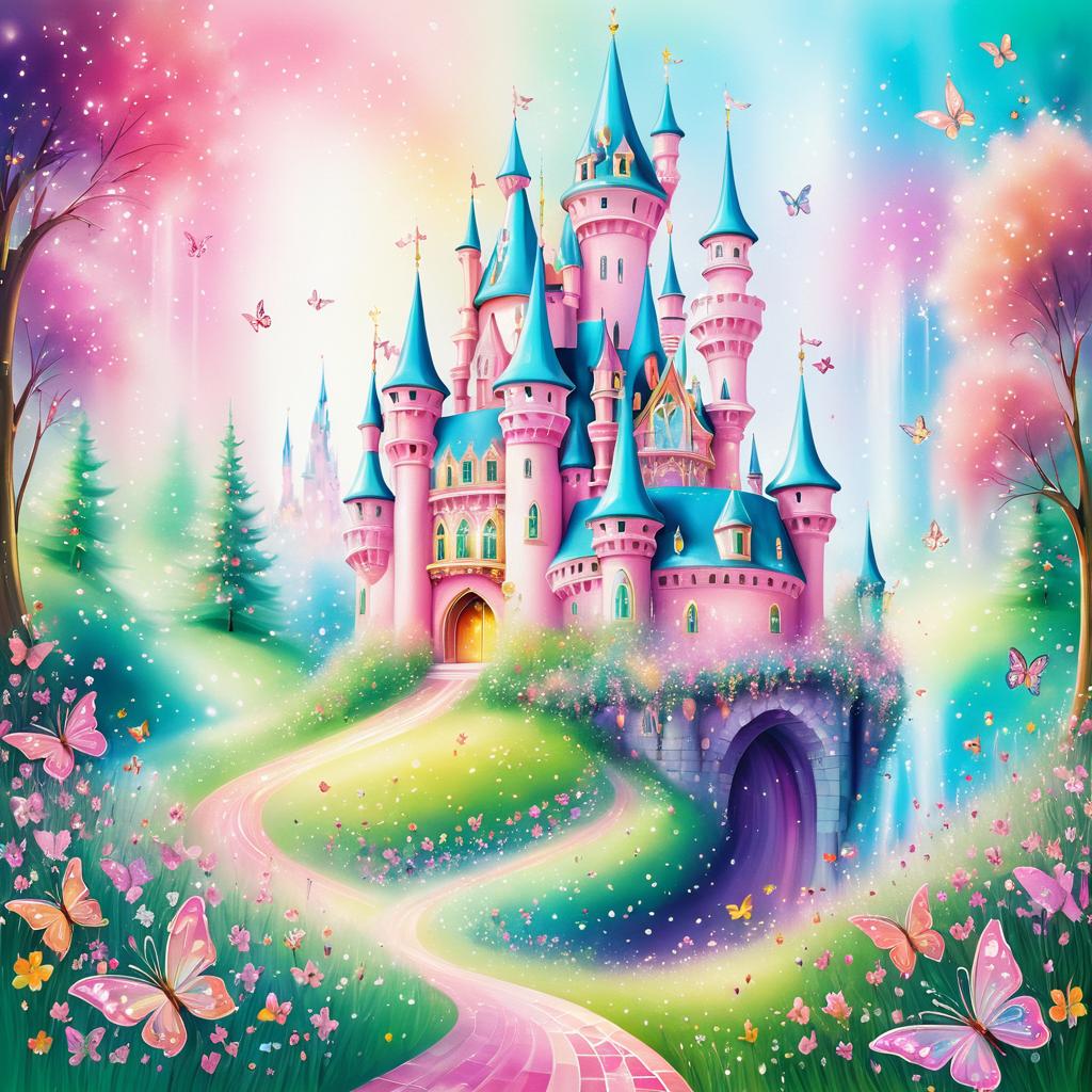 Whimsical Castle and Colorful Butterflies