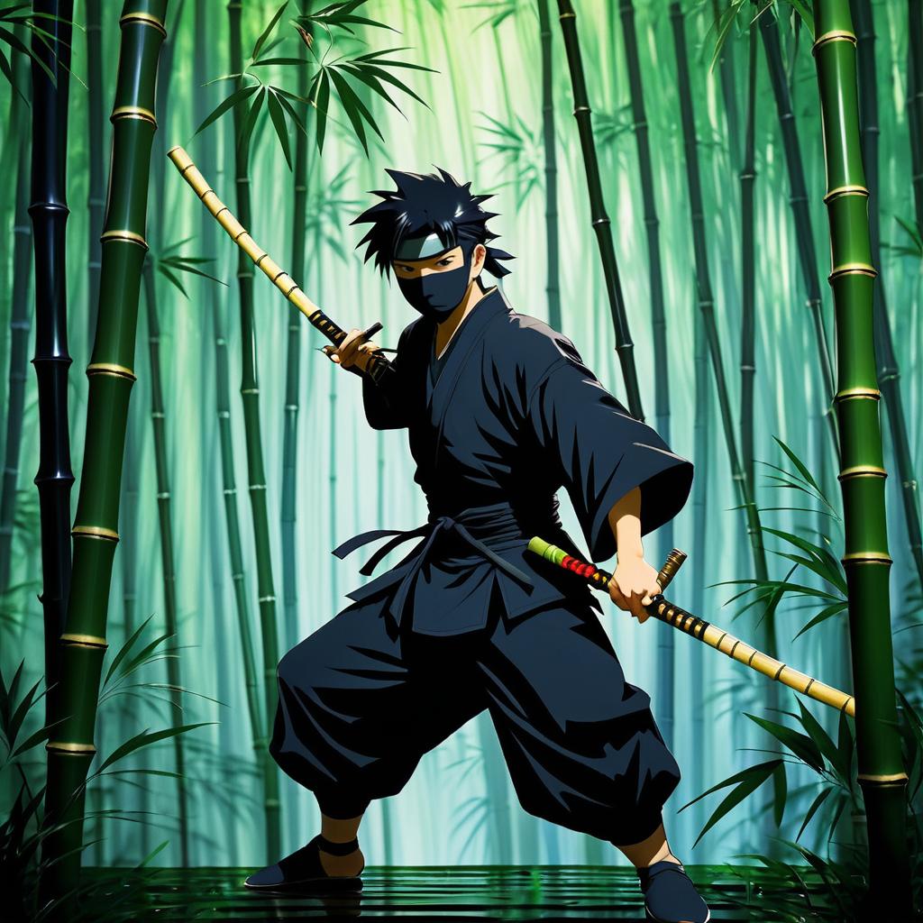 Ninja in Bamboo Forest at Dusk