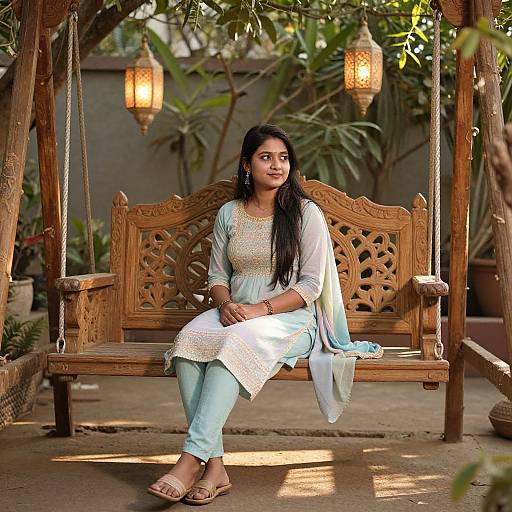 Photograph of a young South Asian woman with long black hair, wearing a white and light blue traditional outfit, sitting on a wooden swing in a lush