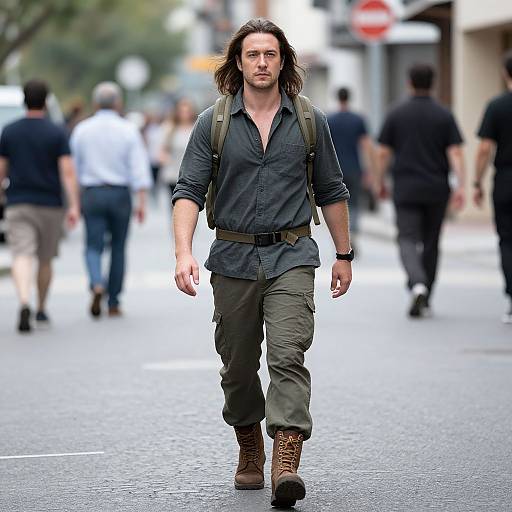 Photograph of a muscular man with long brown hair, wearing a black shirt, olive pants, brown boots, and a backpack, walking down a busy
