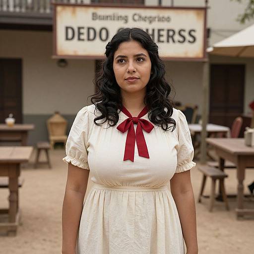 Photograph of a young South Asian woman with dark curly hair, wearing a white dress with a red ribbon, standing in front of a rustic 