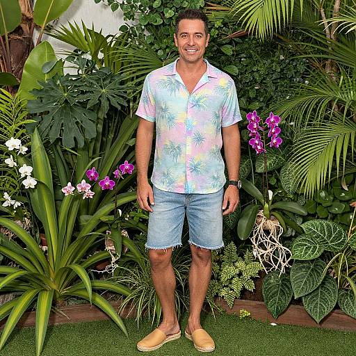 Photograph of a smiling man with short dark hair, medium build, wearing a colorful floral shirt, denim shorts, and yellow sandals, standing in front