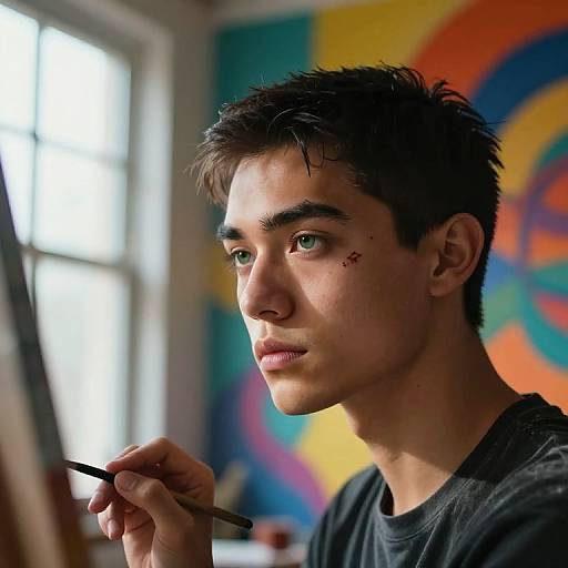 Photograph of a young man with short, dark hair, light skin, and green eyes, painting in a brightly colored studio, holding a brush to