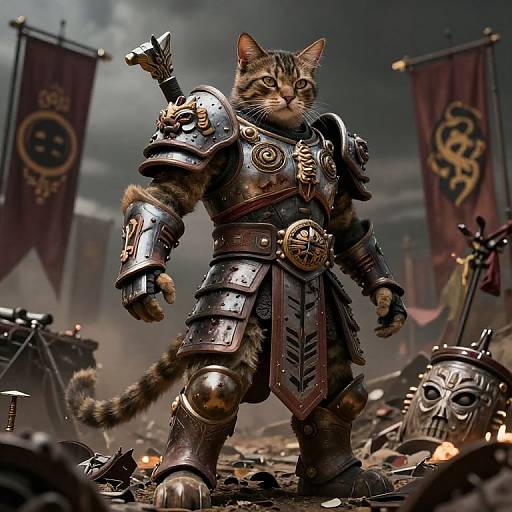 Digital artwork of a tabby cat warrior in medieval armor, standing amidst a battlefield with flags, helmets, and debris.