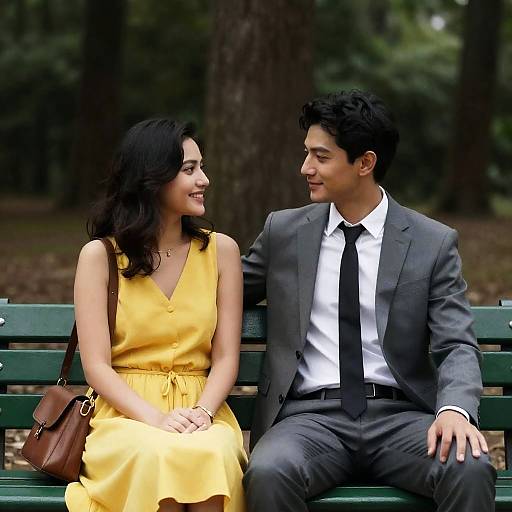Couple Smiling on a Forest Bench