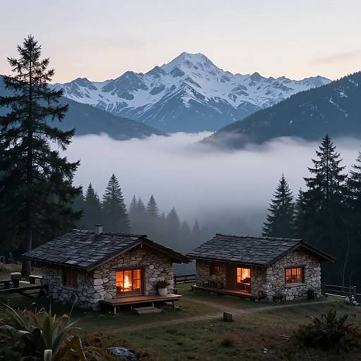 Photograph of two stone cabins with lit windows, set in a misty mountain forest, with snow-capped peaks in the background.