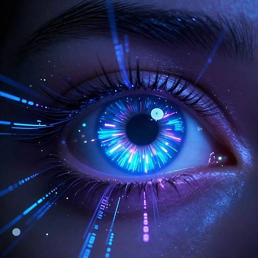 Digital artwork of a glowing blue eye with vibrant neon lines, illuminated by electric blue and purple hues, creating a futuristic, cybernetic effect.