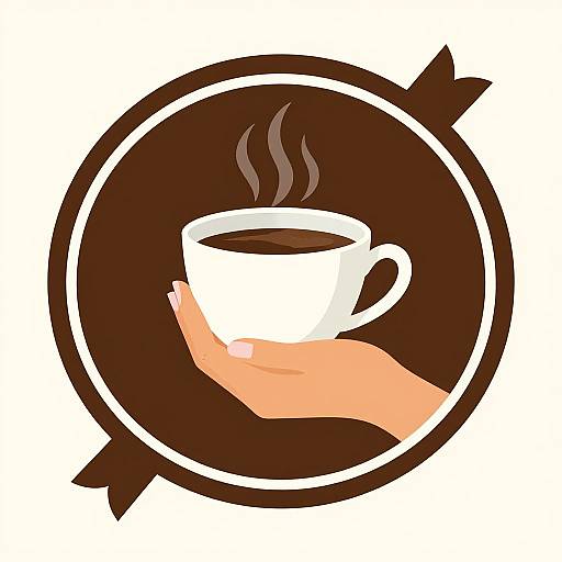 Digital illustration of a white coffee cup with steam, held by a pale hand, within a dark brown circular emblem.
