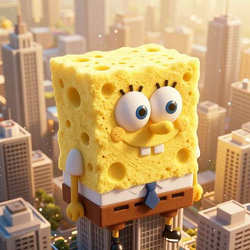CGI image of SpongeBob SquarePants, with a yellow, porous square face, large eyes, and teeth, wearing a tie and pants,