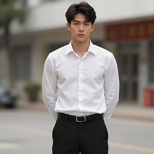 Photograph of an Asian man with short black hair, wearing a crisp white dress shirt and black pants, standing on a blurred urban street. Background includes