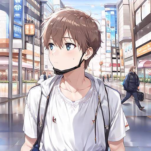 Anime-style digital drawing of a young man with short brown hair, blue eyes, wearing a white shirt and backpack, standing in a brightly lit, bustling