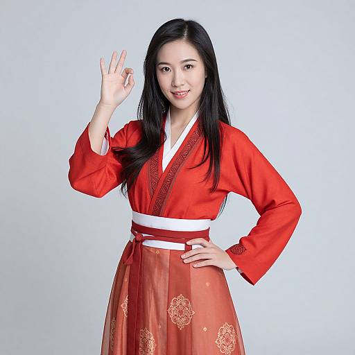 Photograph of an Asian woman with long black hair, wearing a red traditional Korean hanbok with white trim and orange floral skirt, smiling, hand