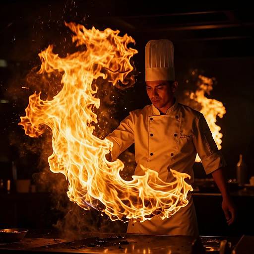Photograph of a male chef in a white uniform and hat, skillfully conjuring large, vibrant orange flames with his hands in a dark, industrial