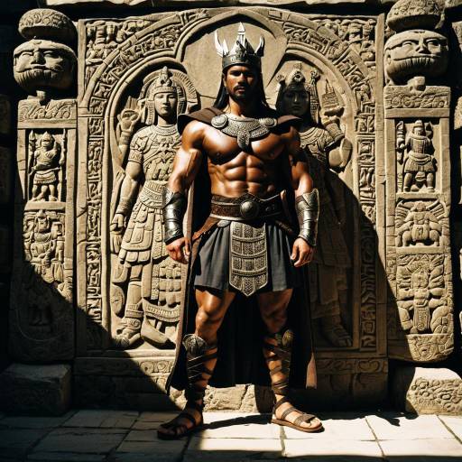 Ancient Warrior Standing by Carved Stone Relief