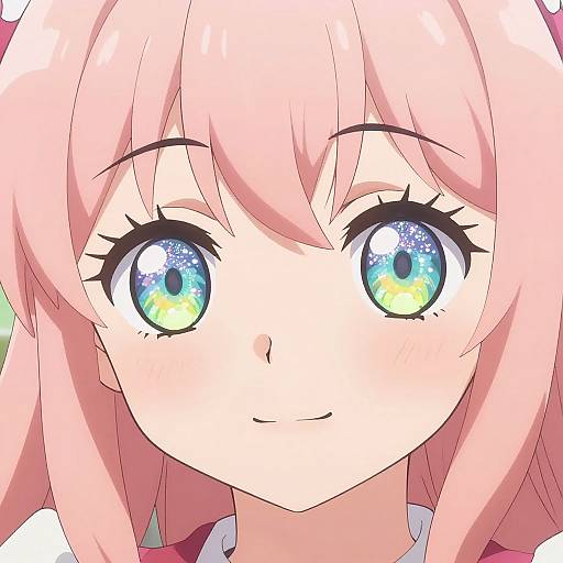 Anime-style digital drawing of a cute girl with large, sparkling blue-green eyes, pink hair, and a subtle smile, looking directly at the viewer.