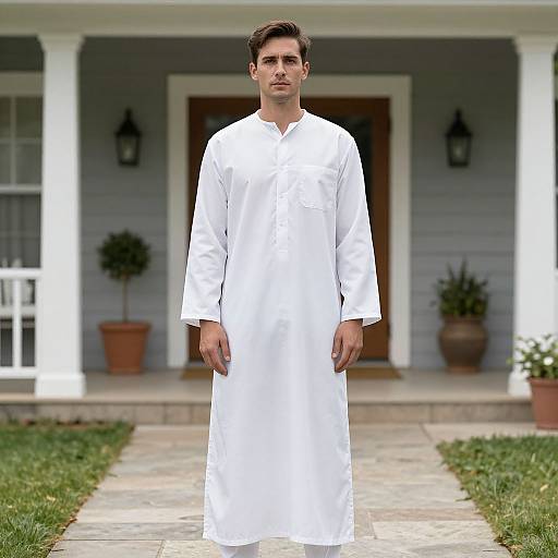 Photograph of a young man with short brown hair, wearing a long white traditional garment, standing in front of a gray house with white columns and p