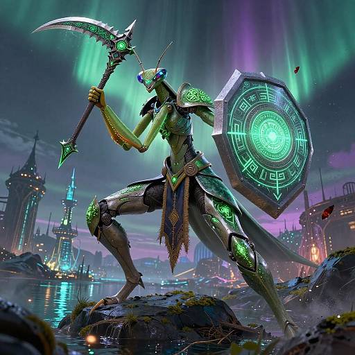 Armored Mantis Battle-Mage Overlooking Flooded City