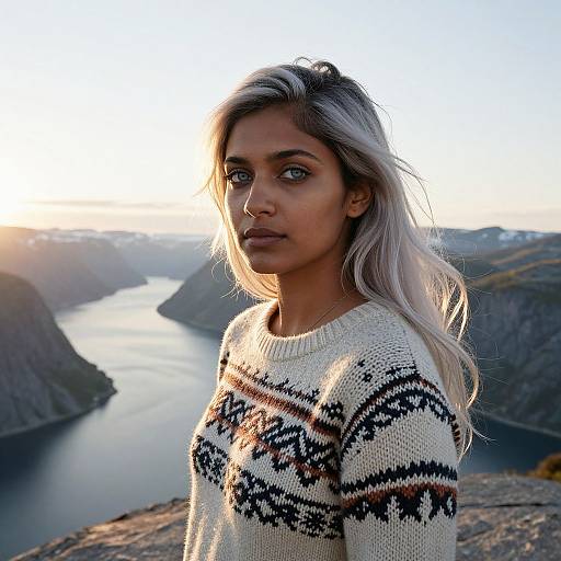 Photograph of a light-skinned woman with blonde hair, wearing a white patterned sweater, standing against a sunset-lit fjord landscape.