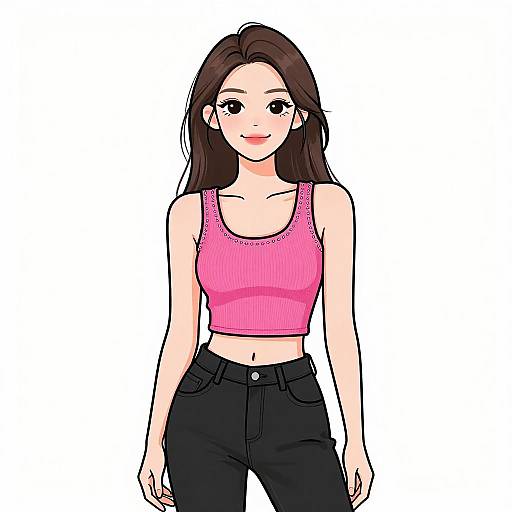 Digital anime-style drawing of a smiling young woman with long brown hair, wearing a pink ribbed crop top and black jeans. White background.